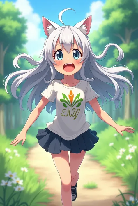 One girl, Long Hair, smile, Silver Hair,Cat ears, chest, anime,Full body image,Walking,Having fun, lily lettering shirt,Surprised,I&#39;m skipping,Horse riding,