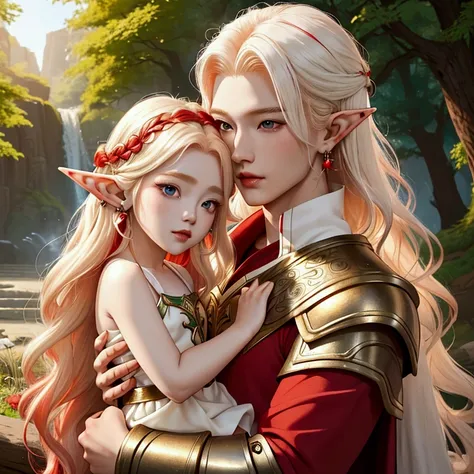 close up shot of an English woman with long wavy bright red hair posing with a cute baby faced Korean guy with shoulder length platinum white blonde hair, photoshopped image, bright, HD, detailed outfit, professional photography, small earrings, unique fan...