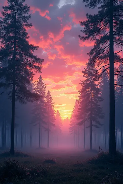 Wallpaper of a forest of trees ending in pink, orange and purple, with a little fog around