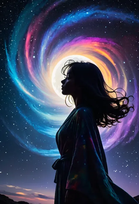 Black Silhouette of a small woman against a celestial background, medium flowing hair, short fuzzy robe, (blackout silhouette:1.5, facing forward:1.5), no light on the subject, an ethereal moon behind the subject, swirling colourful galaxies in the backgro...