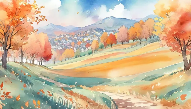 watercolor anime style, (Autumn) digital art,pastel color background, blown by the wind, cute whimsica ,landscape,Wallpaper Background