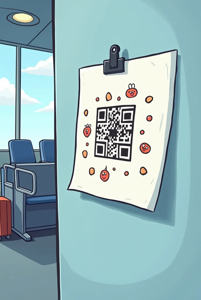 Cartoon image of a paper with a QR code stuck to the wall of an airport boarding gate next to the boarding gate