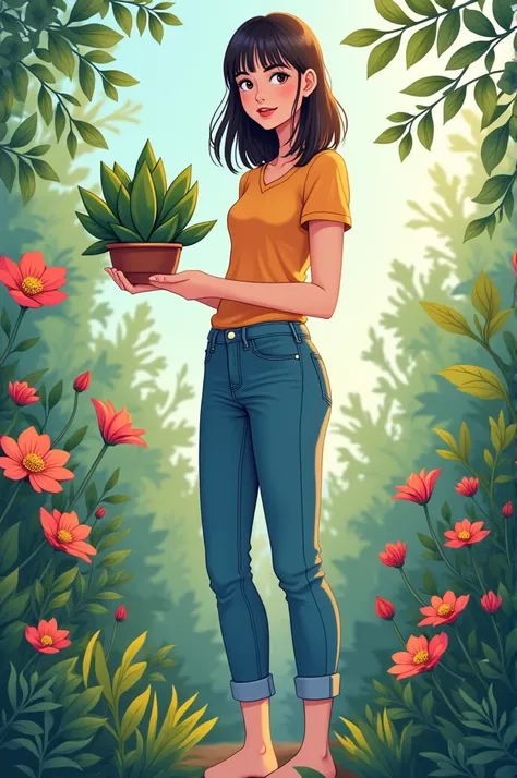 Vector illustration of an 1 teenage girl . Ela veste jeans. She is tall and has straight hair,full body. In garden holding a succulent with one hand 