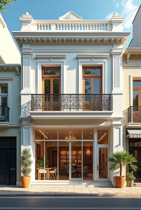 A 2-storey house in Neoclassical style,The ground floor is a business place.The 1st and 2nd floors are residential spaces with glass windows with iron railings, sunlight creates gentle shadows, showing the combination of classical and modern architecture, ...