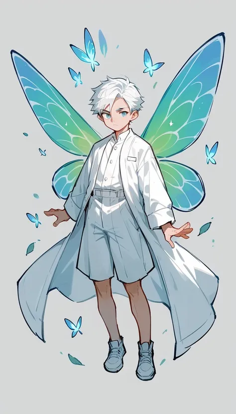 1 young boy, handsome, solo, short tousled white hair, white robe, colorful fairy wings, sketch, full body, fairy magic, powerfu...