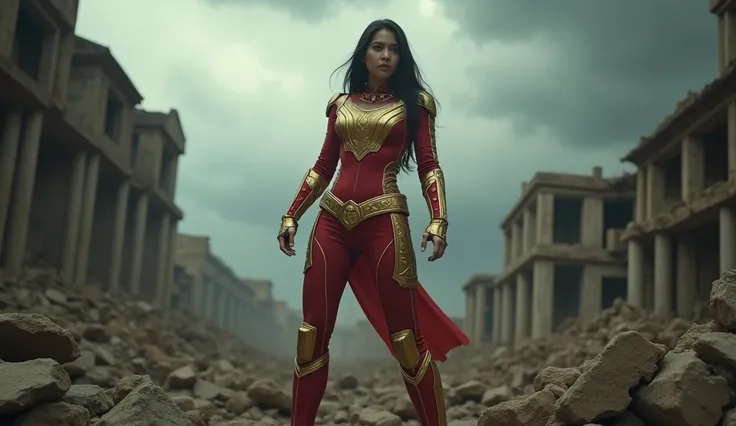 Dian Sastro (artis wanita indonesia 20tahun), wearing a gold and red superhero costume, with Nusantara batik motif accents on the sleeves, bahu, dan kaki, equipped with modern textured light armor. radiate power from his body, prepare to attack. In the mid...