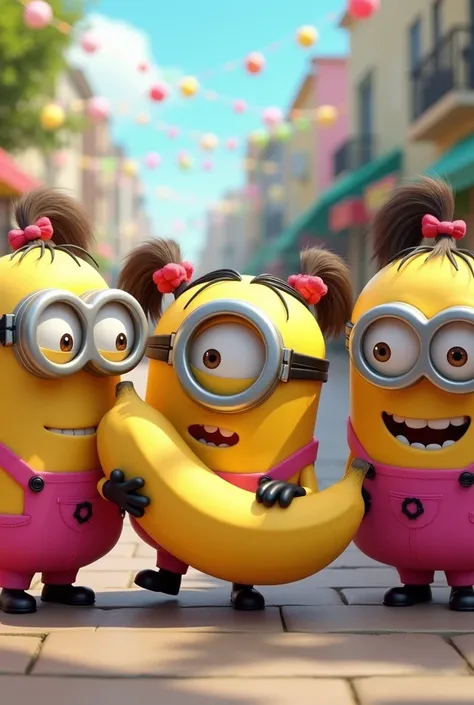 Minions with pigtail hairstyle, pink clothes with banana in hand 