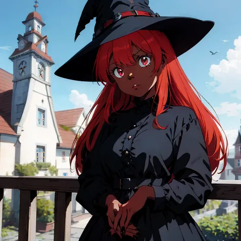 1 female, light red hair, long hair, red eyes, darker skin, black skin, brown skin, teenage girl, huge breast, black long sleeve dress, black nails, sad face, gothic place, gothic house, blue sky, witch hat