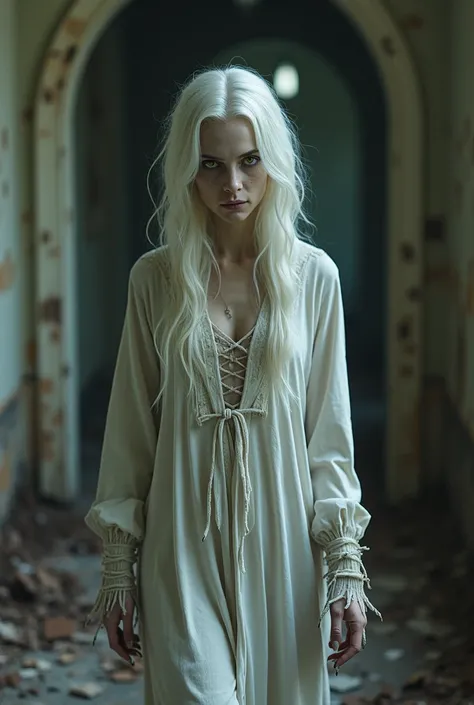 Young woman, bright yellow eyes, wicked look, pale lips, closed lips, White hair, damaged hair, long hair, dressed in a long white tunic, battered and old, thin fingers and extremely long nails, ghostly and spectral looking wandering around an abandoned ma...