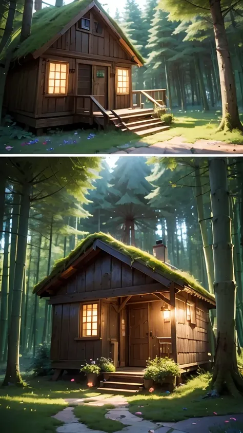 masterpiece, Best Quality, (Highly detailed CG Unity 8k wallpaper), (Best Quality), (Best illustrations), (Best Shadow), A mushroom-shaped house covered in moss，Firefly，The room is filled with bright light，petal, Life-size 3D, Octane Rendering,Ray Tracing,...