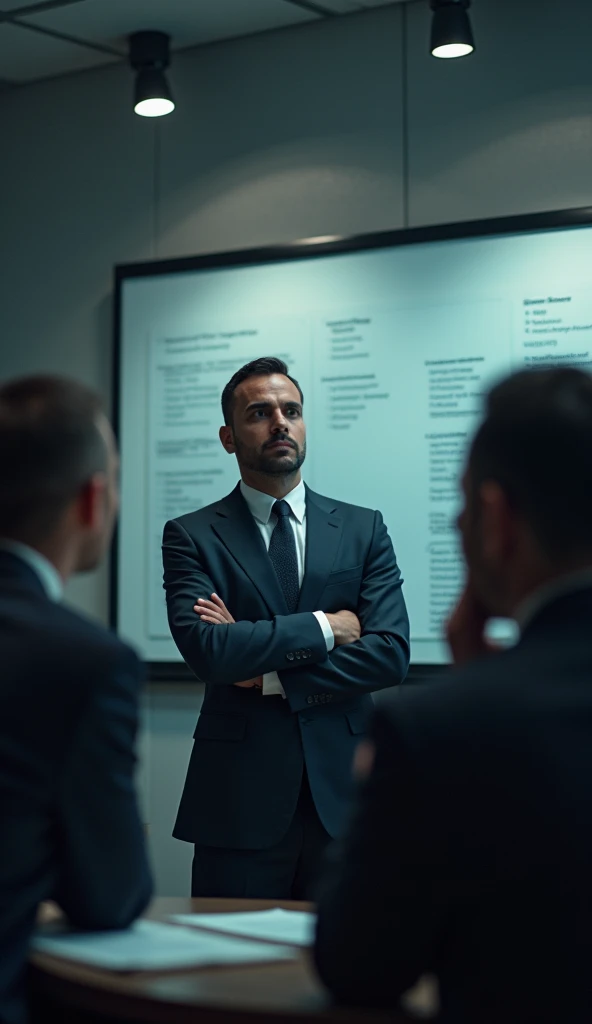 Amine, un homme daffaires, se tient devant un grand tableau stratégique, entouré de ses associés qui affichent des sourires énigmatiques. À côté, des concurrents discutent bruyamment de leurs propres projets, créant une ambiance professionnelle vibrante. D...