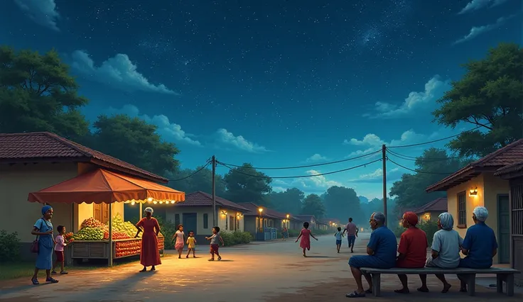 Visualize a peaceful scene in a town square in Liberia, where daily life goes on. People of different ages are busy with their activities: A mother sells fruit, children run and play, and a group of old people chat on a bench. in the sky, the universe unfo...