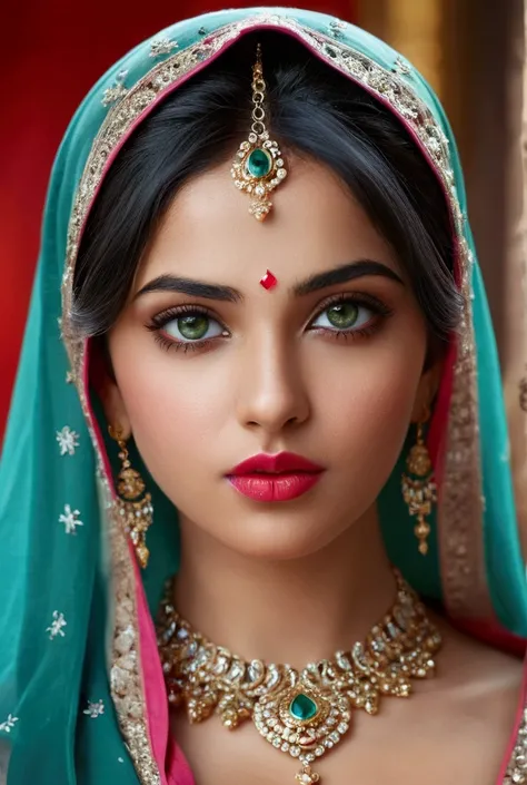 perfect pink eyes, fantastic face, Indian, beautiful look, ((red lips, bright eyes, curve heir 1.5)), ((beautiful details very big breast )), (Straight round and ultra huge clevage, not sagging breast), A glorious gorgeous, glorious gorgeous face, pretty f...