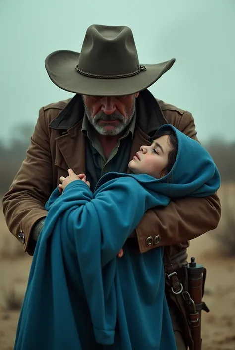 Create a realistic image of a cowboy-style father carrying his dead daughter in his arms dressed in a blue cloak 