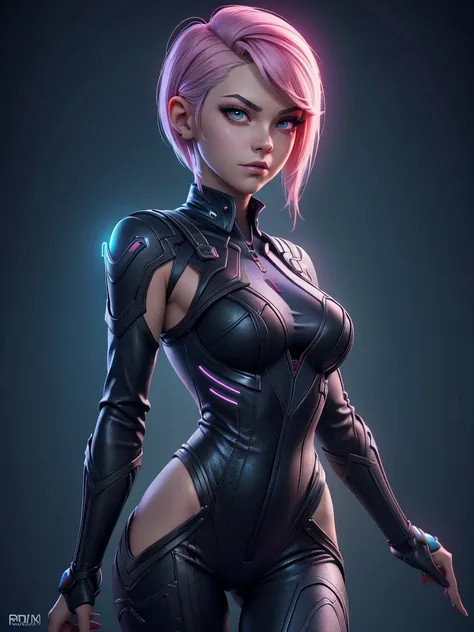 very slim female in buzz cut hairstyle hacker, in Leather Cooling Jumpsuit with glowing with white light Vertical Stitching wires, Xtreme, breasts, medium breasts, open vest, dirt on her clothes and face, black costume, dramatic lighting, realistic colors,...