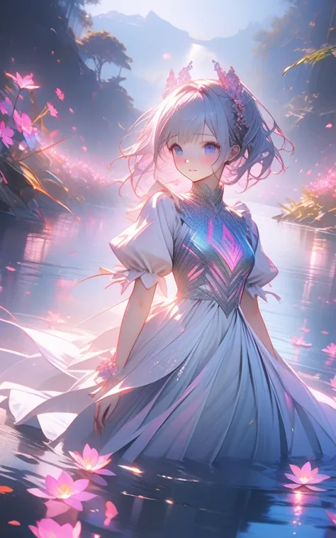 "Dance in the Moonlight"
prompt: "Hyper-detailed nano-textured Kainé and 2B in 8K resolution, showcasing intricate moonlight reflections on their outfits and vibrant ethereal auras. The scene features a mystical moonlit lake surrounded by glowing flowers, ...