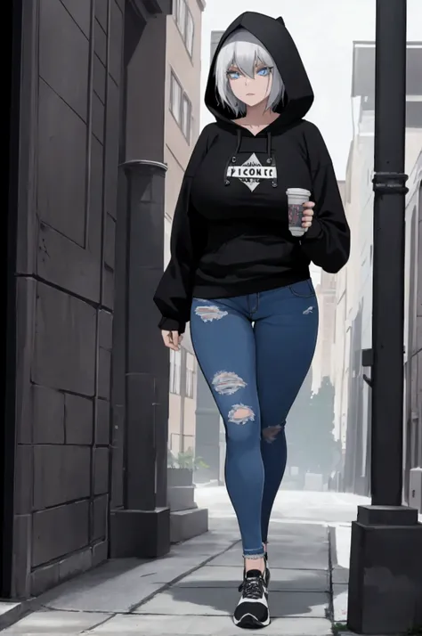 Alone woman, Gothic woman, big breasts, short hair, hooded sweatshirt, jeans, blue eyes, running shoes, tall woman, witch