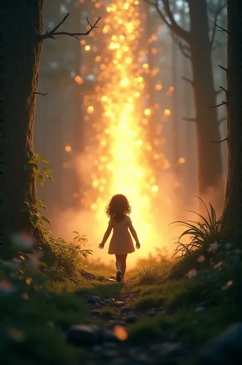  YoungMeera sees a glowing light in the distance: A bright, magical light shining in the middle of the forest, catching Meera’s attention as she walks toward it with wonder in her eyes. Make cenematic 3D rendor image 16:9
