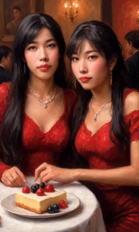 a woman with long black hair wearing a red and black bodysuit, a woman with dyed hair in pigtails wearing a red and black outfit, both women are sitting at a table in an elegant restaurant, feeding each other dessert, sensual expressions on their faces, so...