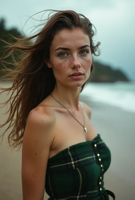 a woman with freckled face, brown hair blown by wind, emerald eyes, strapless dress, modern style by Jeremy Lipking, Antonio J. Manzanedo, lee jeffries, Nikon D850 film, 4 camera, kodak portra 400, f1.6 lens, rich colors, realistic texture, hyper realistic...