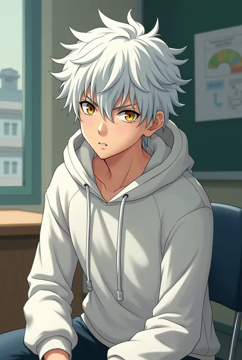 Un beau jeune homme japonais aux cheveux blancs en bataille et aux yeux dorés. Sweat-shirt à capuche blanc. un peu maigre. Assis sur une chaise à lécole, fatigué. Animé. Bouche 3