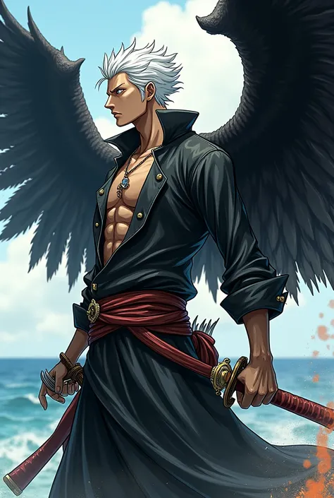 Create a character in the art style of One Piece, a black-winged, white-haired Lunarian, behind its wings there is a small ball of fire, with simple pirate clothes and a katana, MASCULINE