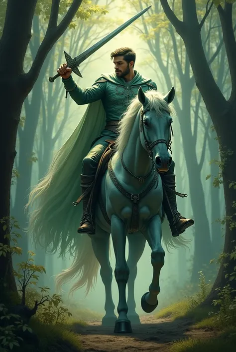 Jude Duarte riding a horse made of sage from the book cruel prince while brandishing his sword at nightfall, in a forest with thin green trees