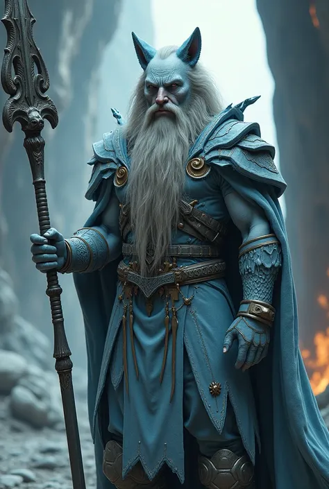 A 400 year old white skinned man with a human face showing a scar on his mouth wearing a space wolf armor from Warharmmer40k but that armor has wolf features and fangs and is light blue and has long black hair and a little bit of a Nordic style beard with ...