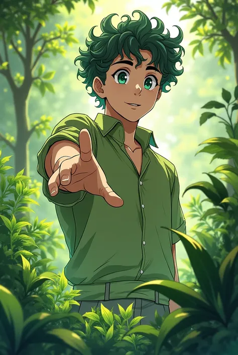 A male person with plant and nature powers in anime, with curly hair