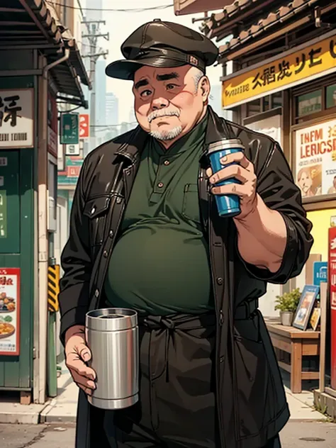 An image of an old fat man holding a thermos cup，Asian，There is an old phone hanging on the waist，Wearing an old-fashioned leather jacket