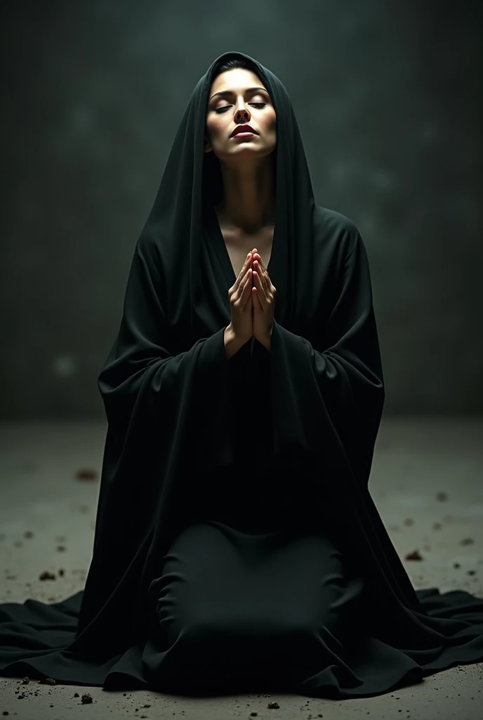 a beautiful woman wearing beautiful black robes, kneeling down, worshipping God, eyes closed, taking a realistic photo 