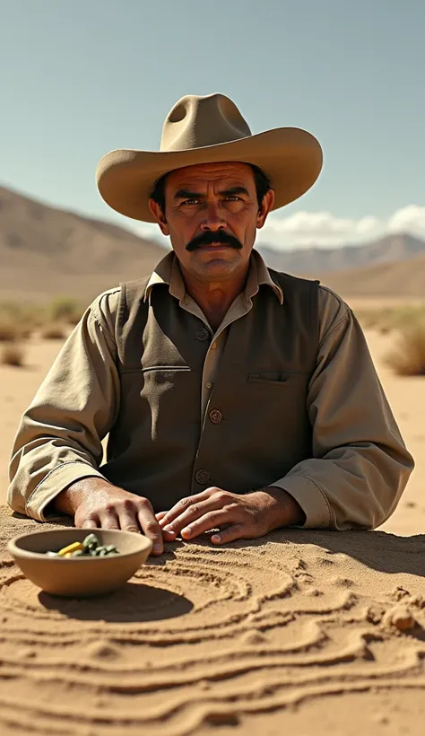 A photo of General Pancho Villa with his big mustache and his hat and his ammunition in a fishbowl. Touching the ground with his finger making some traces with stones and rocks. Medium shot of a desert.