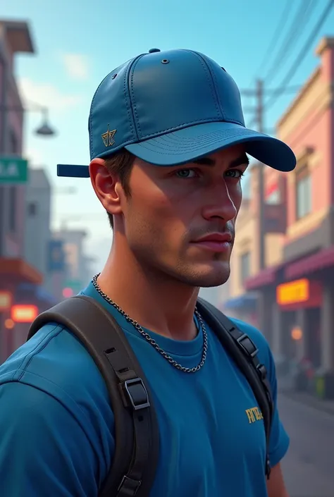 A photo in the free fire style, with male character, with a blue cap turned backwards and a blue shirt