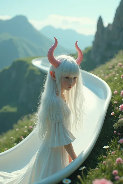 Girl with horn white hair flower type on mountain slide 