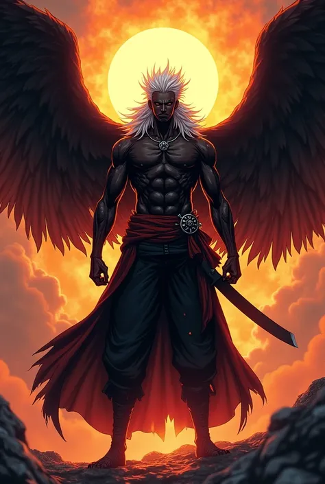 Create a character in the art style of One Piece, a black-winged, white-haired Lunarian, behind his wings there is a ball of fire, in simple pirate clothes and a katana at his waist, male and his black skin tone
