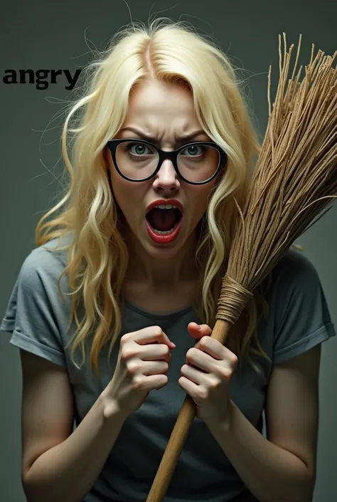 A woman with dyed blonde hair with glasses holding a broom in her hand, angry and with doubt written on top. 