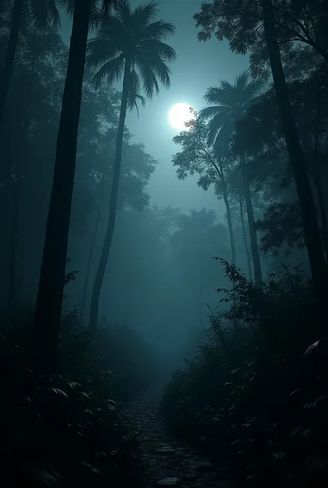 A dense, dark jungle at night with tall trees and a thick mist. The moonlight barely penetrates the canopy, casting eerie shadows.
Characters: N/A
Mood: Mysterious and foreboding.
Action: The camera slowly pans through the jungle, emphasizing the silence a...