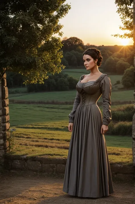 Gorgeous and sultry busty athletic (thin) brunette peasant with sharp facial features wearing a modest updo, medieval hair cover, rough-spun grey and brown medieval dress, long sleeves, wide neck, long dress, tight bodice, corset, Middle Ages, cottage, far...