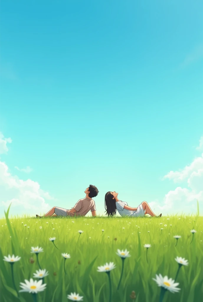 a green field, A blue sky, with daisies and a couple lying on the grass looking at the sky