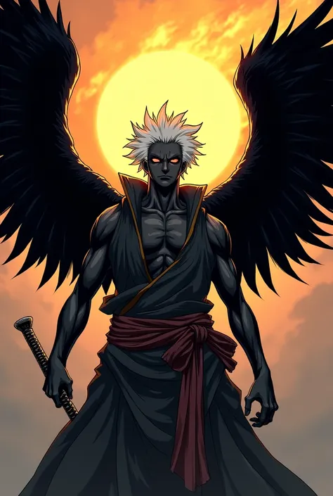 Create a character in the art style of One Piece, a black-winged, white-haired Lunarian, behind his wings there is a ball of fire, in simple pirate clothes and a katana at his waist, male and his dark skin tone
