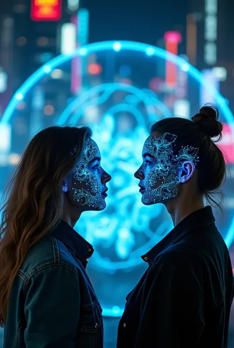 An image of a futuristic holographic projection with artificial intelligence , but this develops the sensational aspect , two women looking at the holographic projection, futuristic in a city full of cyberpunk style screens 