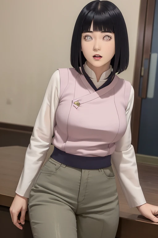 1 beautiful detailed face of Hinata Hyuuga, young female Kunoichi from anime Naruto, wearing classic anime style outfit, soft mature appearance with voluptuous bust, high waisted pants, blushing while looking directly at viewer, hyper realistic, extremely ...