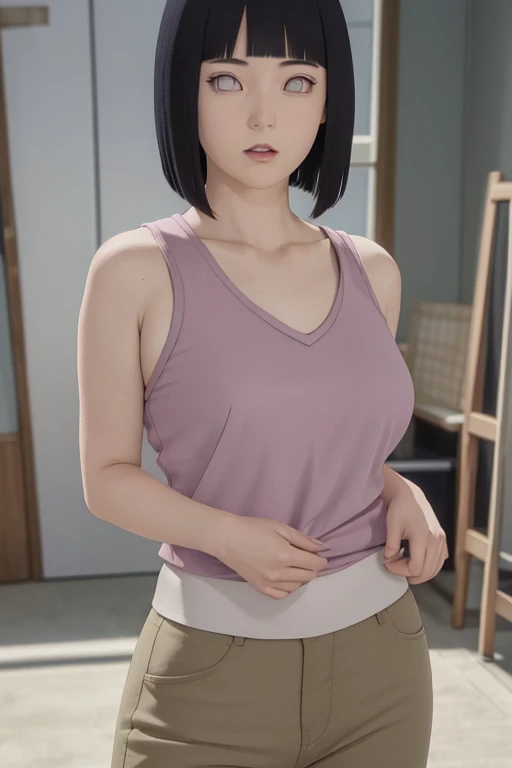 1 beautiful detailed face of Hinata Hyuuga, young female Kunoichi from anime Naruto, wearing classic anime style outfit, soft mature appearance with voluptuous bust, high waisted pants, blushing while looking directly at viewer, hyper realistic, extremely ...