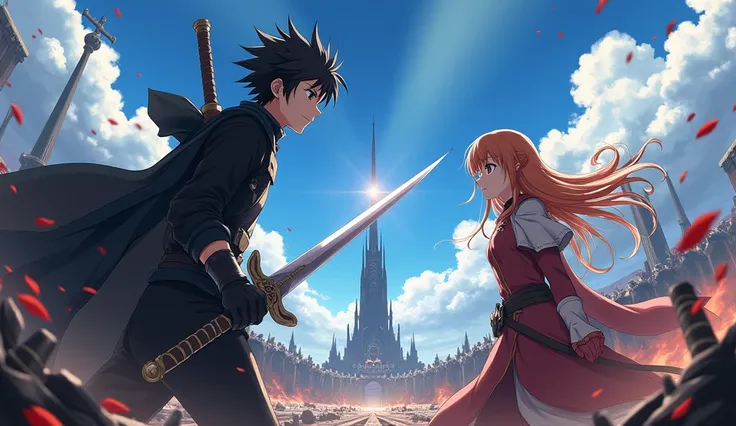  An anime-style scene in 4K, depicting a young dark-haired warrior (Kirito) holding a shining sword, next to a long-haired warrior (Asuna). They are on a vibrant battlefield, surrounded by shadowy monsters and battle debris. In the background, an imposing ...