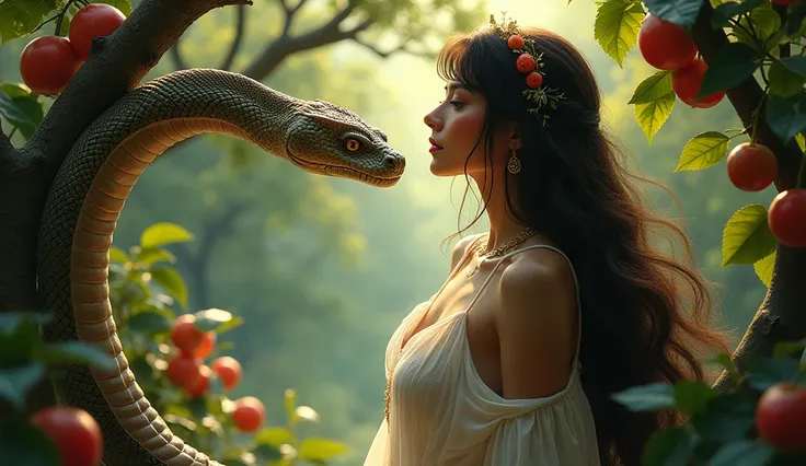 Beautiful woman being hypnotized by a snake, the snake is coiled around a tree with large red fruits, the woman has very long hair on her breasts. In the background a beautiful garden and an orchard with beautiful trees and fruits.