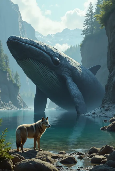 A wolf and a whale side by side in a natural environment
