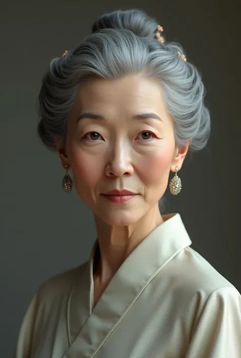 An elegant old lady with a slightly serious but not too serious expression. Asian face