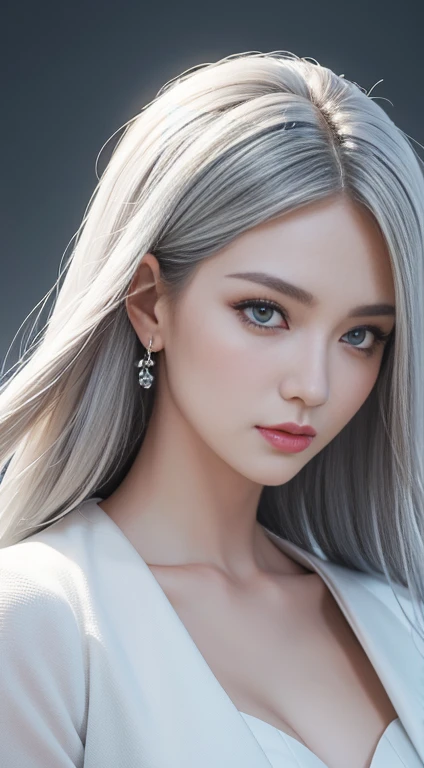 Close-up of a woman in a white dress and jacket, snow原、snow、snowが降る、Realistic painting, Incredibly beautiful proportions、Ultra-detailed nipples、Beautiful areola、It was a hot topic on Art Station..., Fantasy art, perfect have Gray Hair girl, have Gray Hair,...