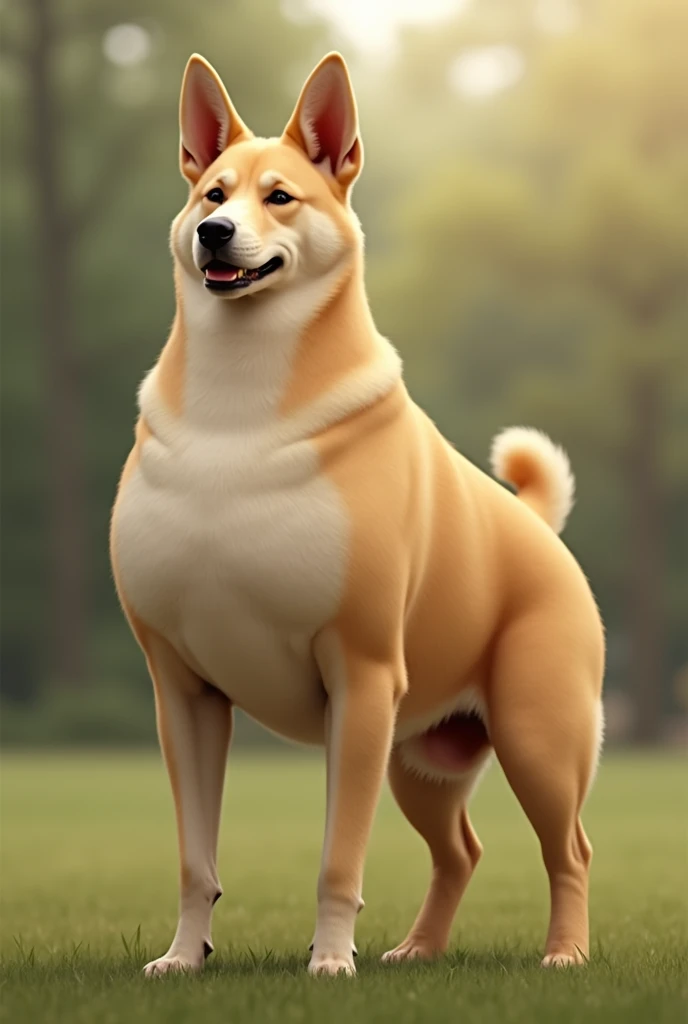 "A realistic image of a large, mixed-breed dog with a light caramel, almost yellow coat. The dog is noticeably overweight, with a large, round belly, but has a long, lean body with thin legs and a slender neck. Its fur is short and smooth, and its entire b...