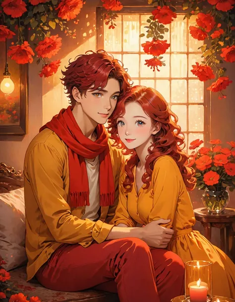 The photo shows a couple sitting close together in a warm and intimate setting. The young man is wearing a yellow shirt and red pants, has red hair and red eyes. The second is orange. The person on the left is wearing an elegant brown dress, a red scarf an...